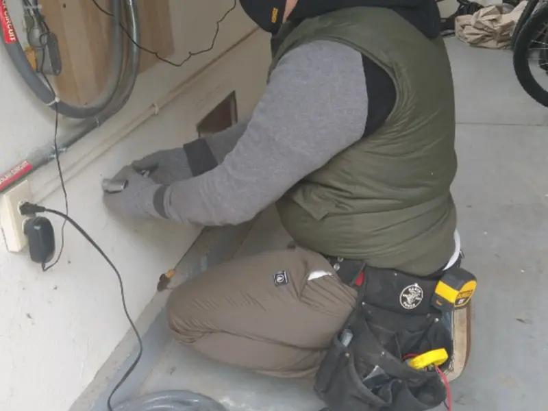 Electrician performing outlet wiring in a Edgemere garage